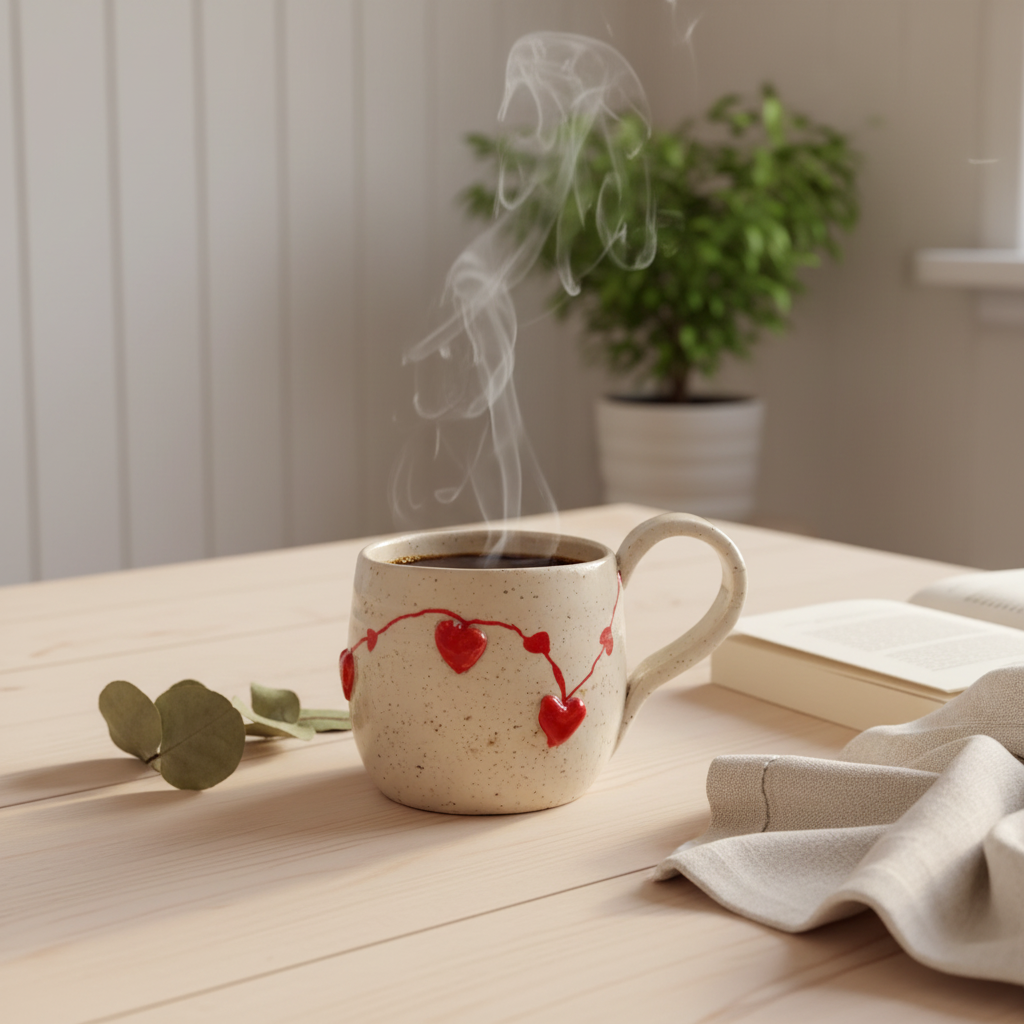 Hyggelig keramikkop med røde hjerter og varm kaffe