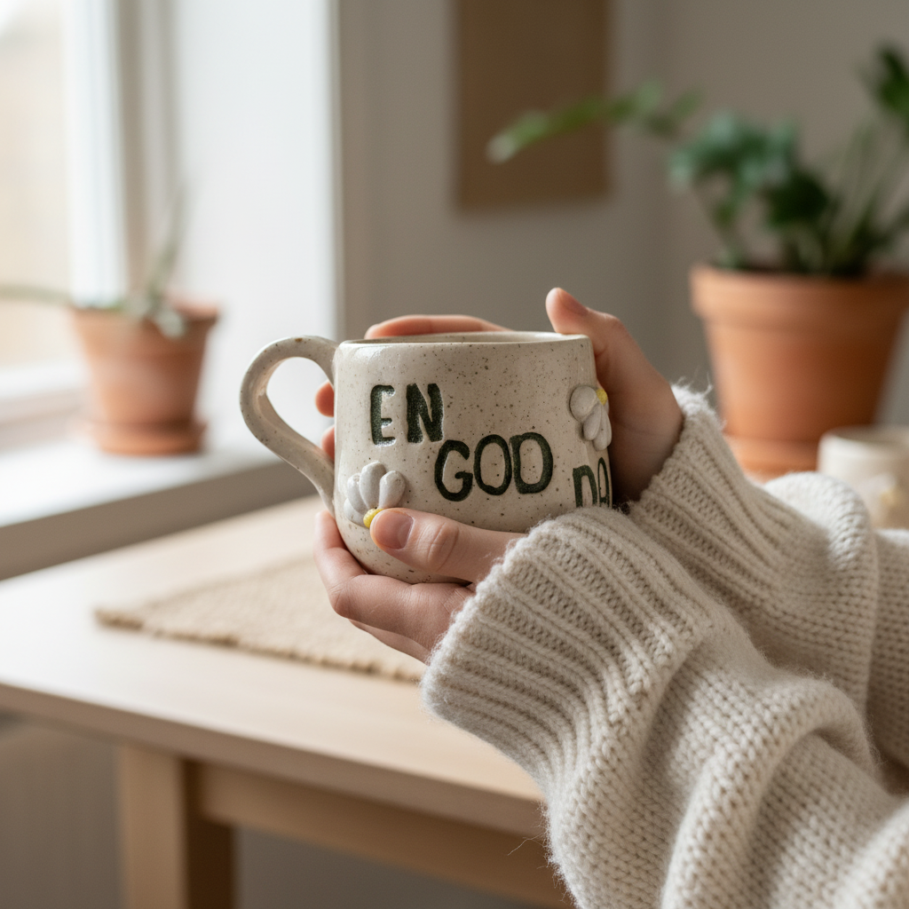 Hyggelig keramikkop med teksten “En god dag” holdt i hænder