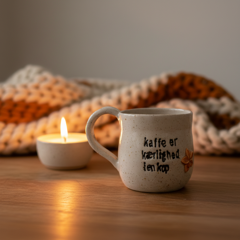 Hyggelig keramikkop med teksten “Kaffe er kærlighed i en kop”