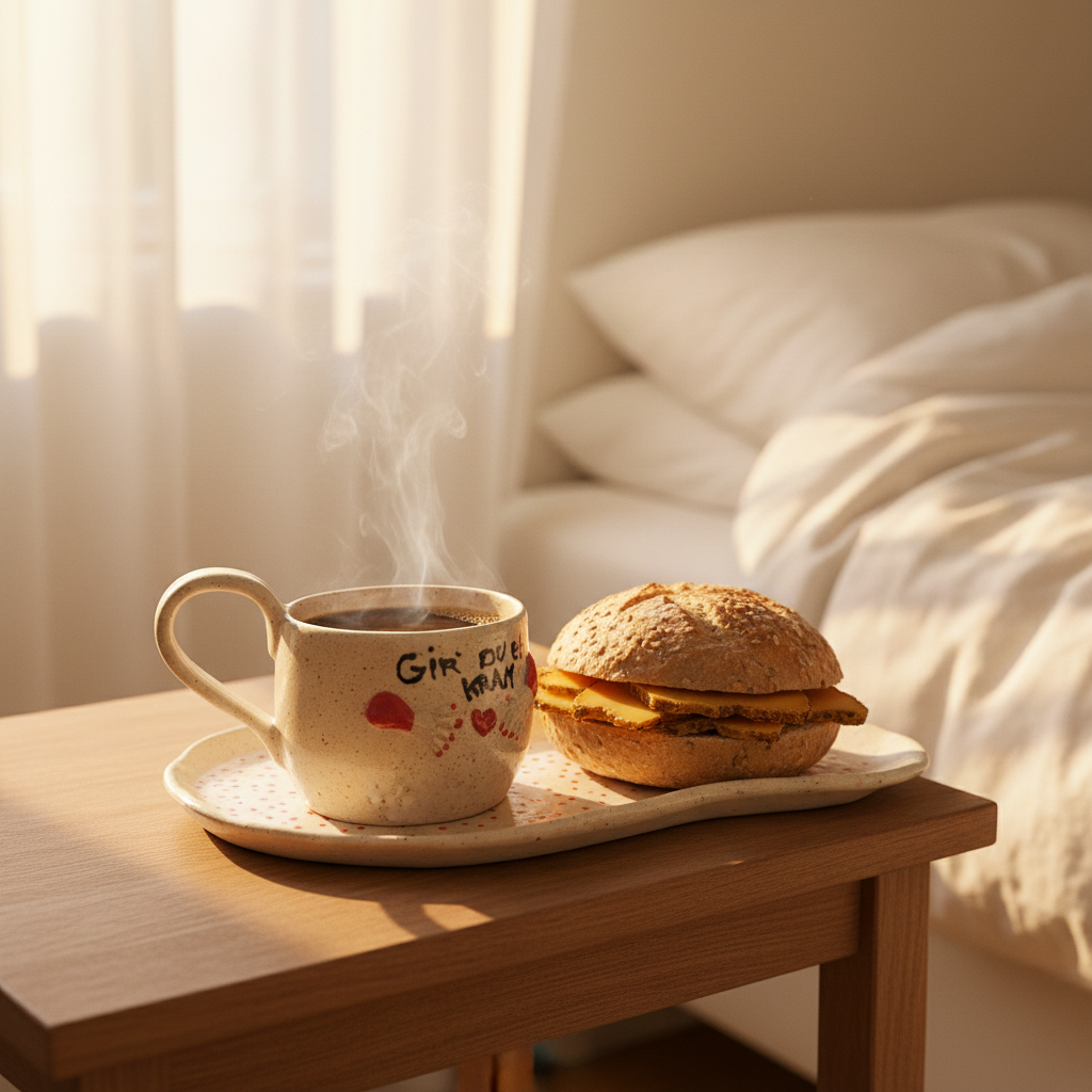 Hyggeligt BMO-sæt med “Gi’r du et kram”-kop og tallerken i blødt morgenlys.