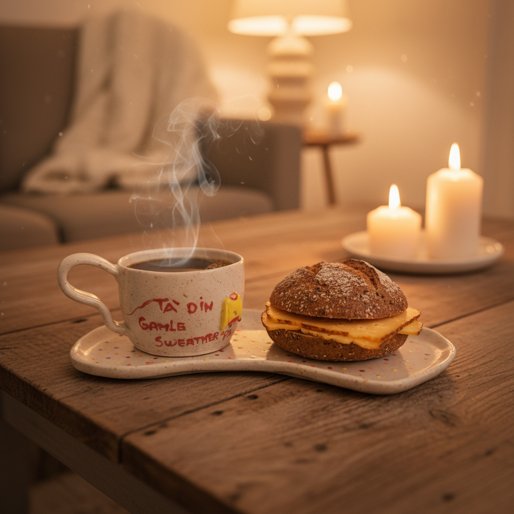 Hyggeligt BMO-sæt med kaffe, bolle og levende lys i varmt aftenlys.