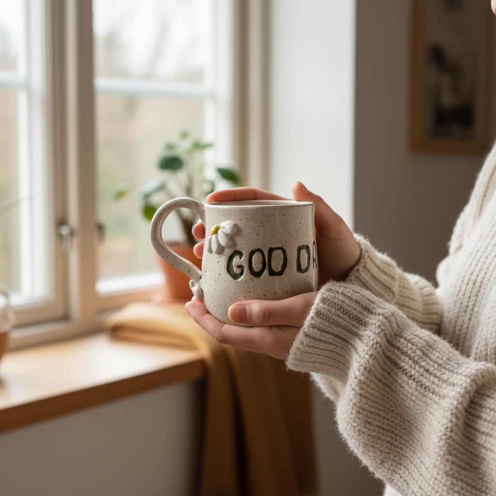 Hyggeligt stemningsbillede af keramikkop med teksten “Good day” holdt i hænder ved vindue
