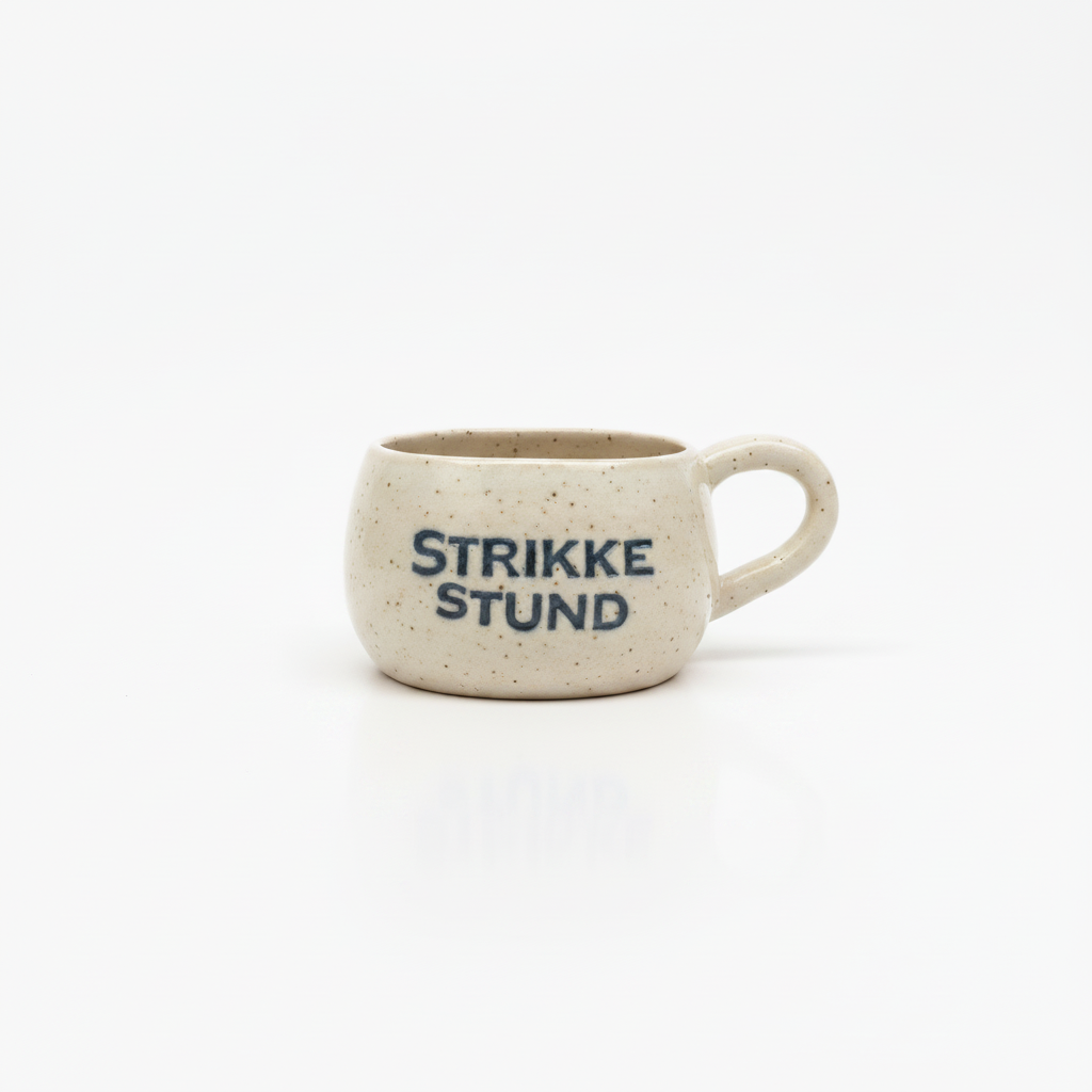 Keramikkrus med teksten “STRIKKE STUND” i minimalistisk nordisk design.