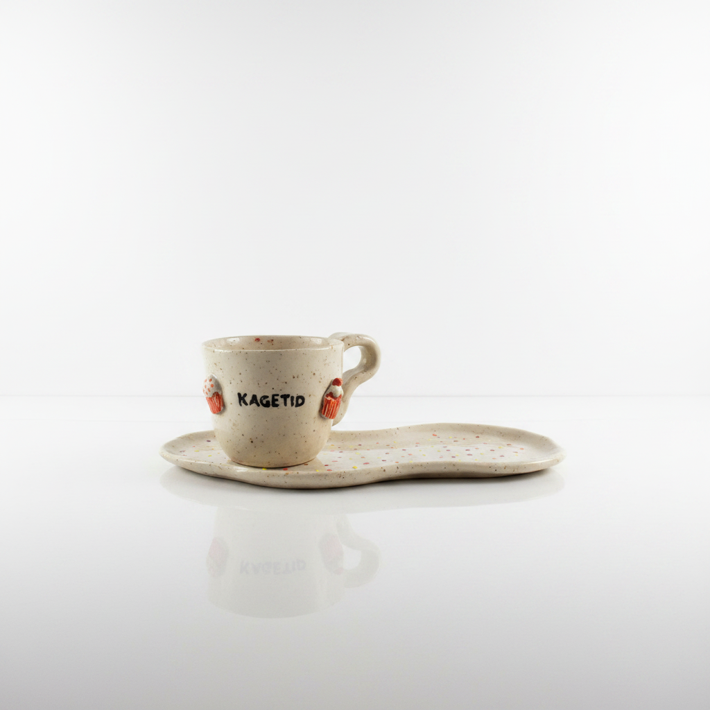 Keramisk kop og matchende tallerken med farverige konfettiprikker i minimalistisk studiostyling.
