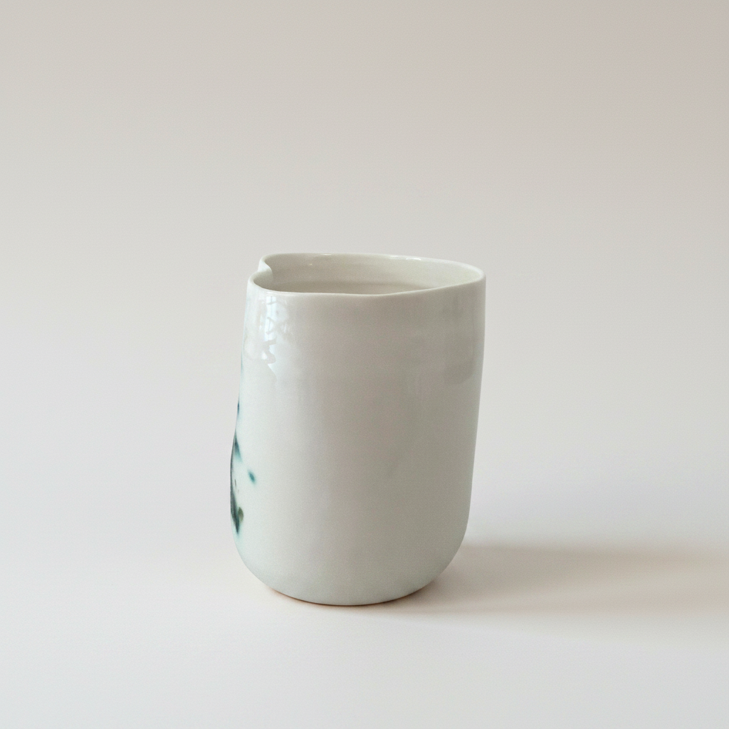 Minimalistisk håndlavet porcelænskrus med blød blank glasur fotograferet i lyst studiemiljø.