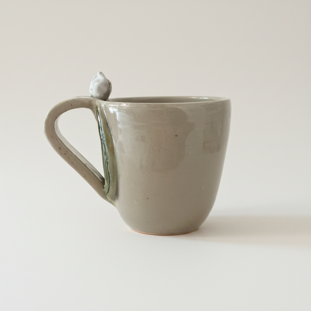Minimalistisk porcelænskrus med skulpturel hank og håndlavede organiske detaljer i lyst studiemiljø.