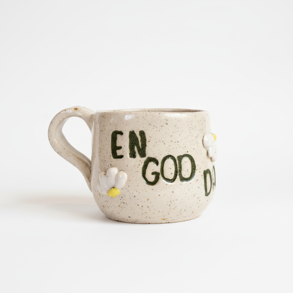 Minimalistisk produktbillede af keramikkop med teksten “En god dag”