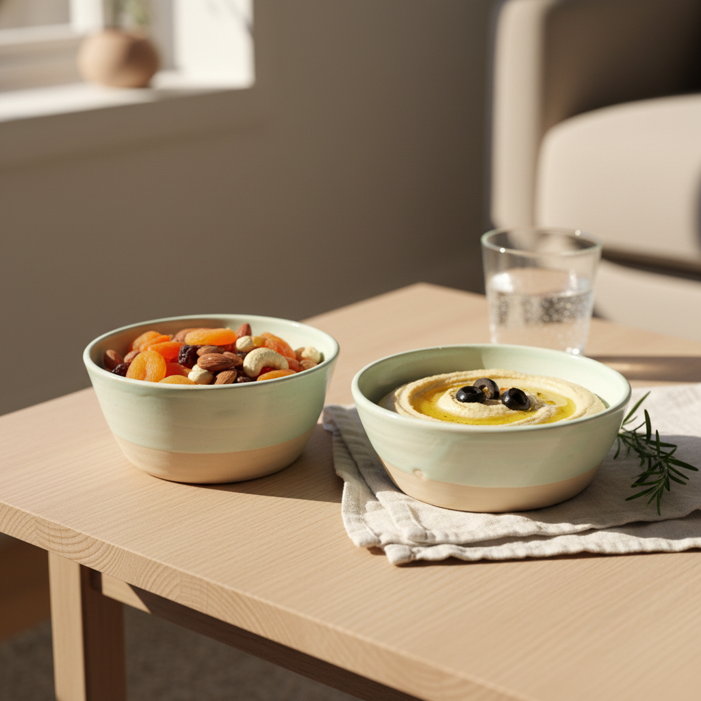 Mintgrønne håndlavede keramikskåle serveret med snacks og hummus.