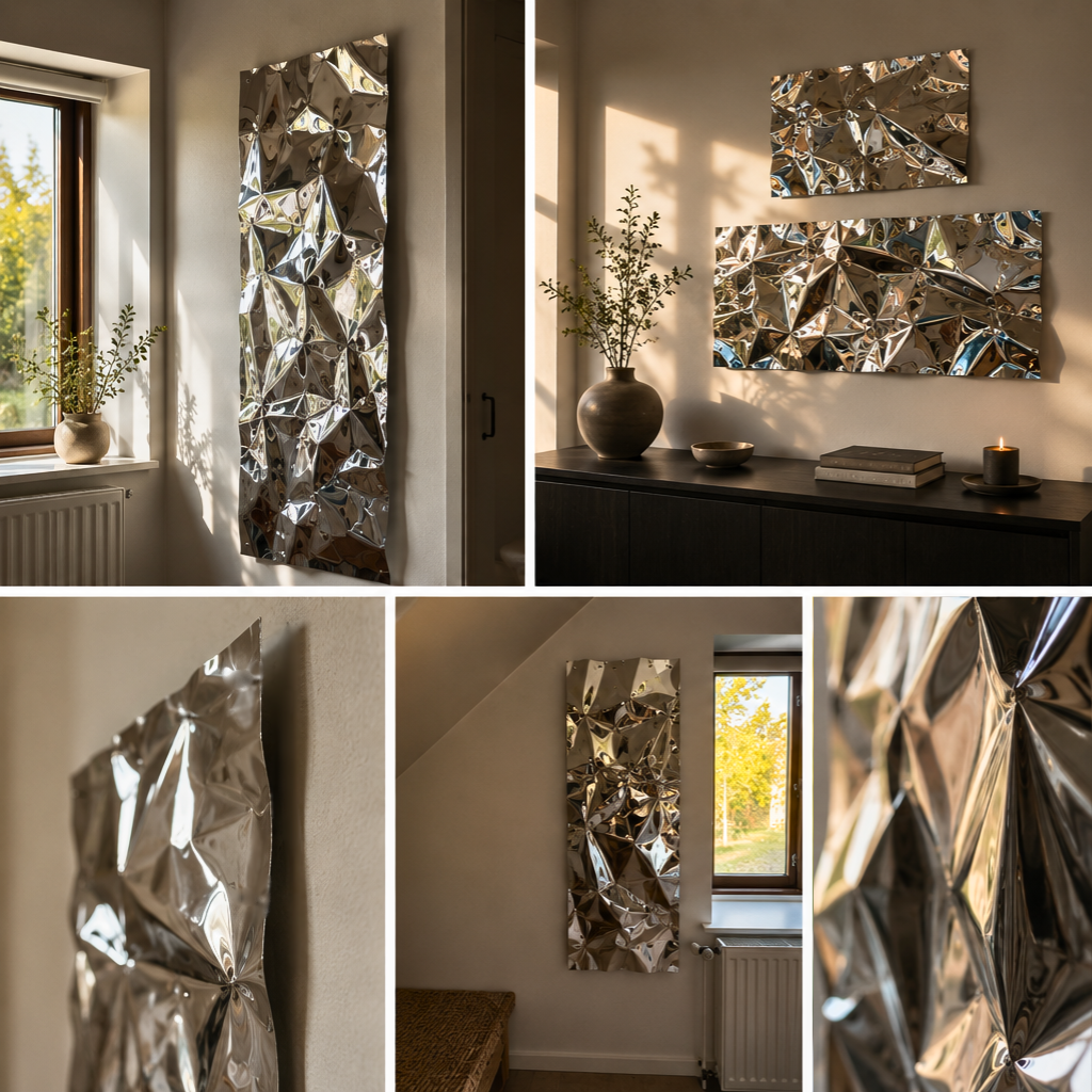 Moderne vægkunst i aluminium med håndformede detaljer og elegante refleksioner
