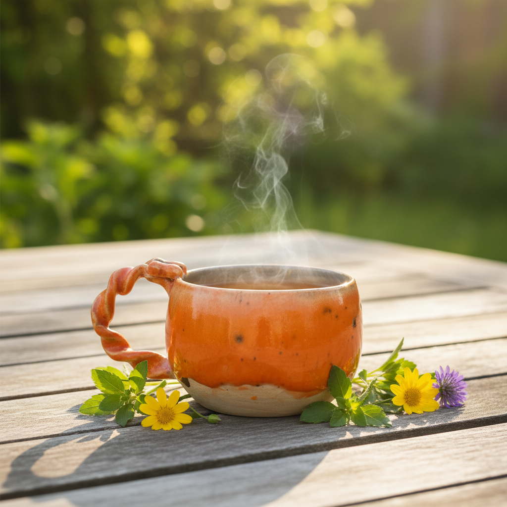 Orange håndlavet keramikkop i sommerligt uderum omgivet af vilde blomster og varmt sollys – perfekt til rolige kaffestunder i haven.