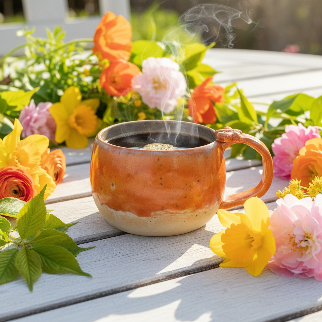 Orange håndlavet keramikkop med varm glasur og organisk hank placeret i sommerligt uderum med vilde blomster og sollys.