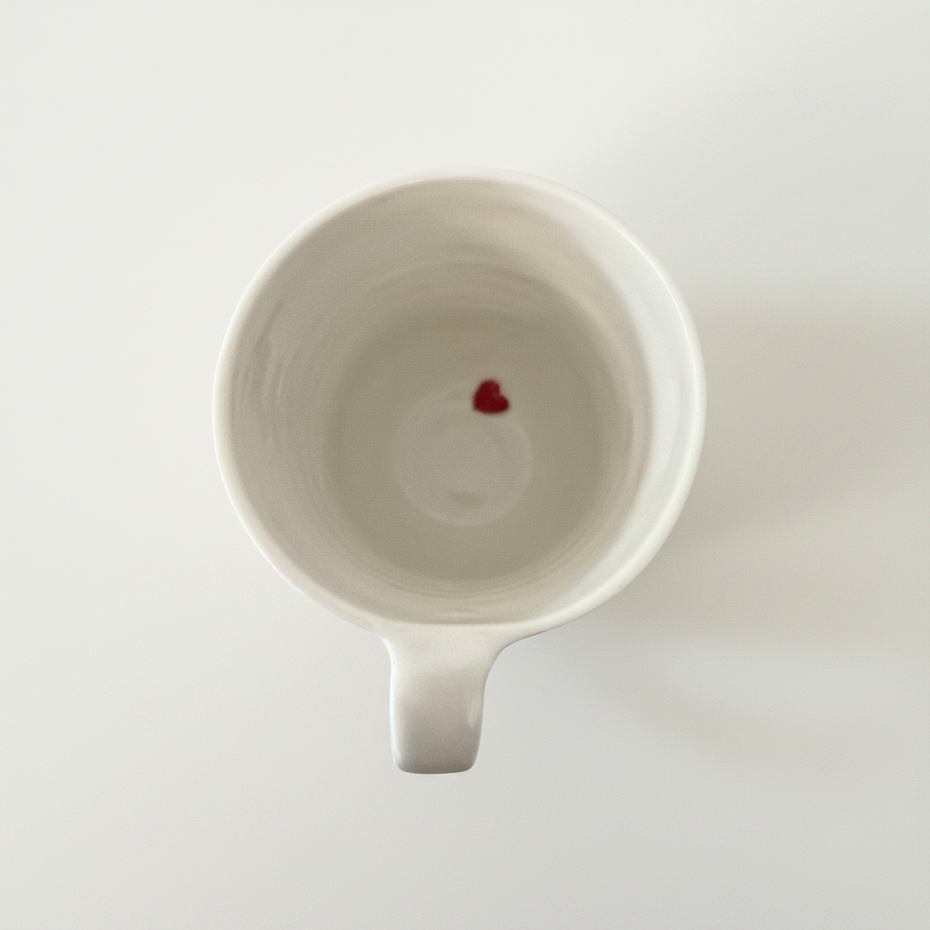 Ovenfra billede af håndlavet porcelænskrus med lille rødt hjerte indeni og minimalistisk porcelænsfinish.
