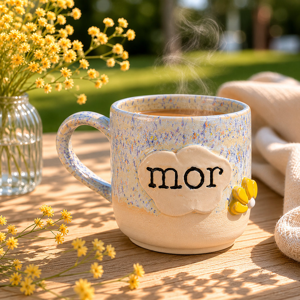 Personlig keramik kop til mor med sommerlige farver og håndlavede detaljer.