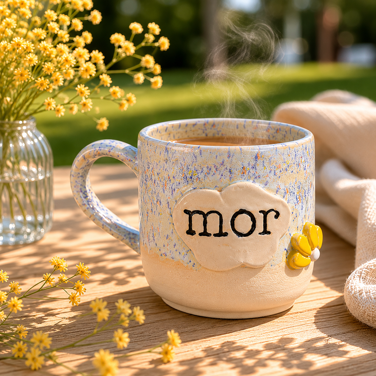 Personlig keramik kop til mor med sommerlige farver og håndlavede detaljer.
