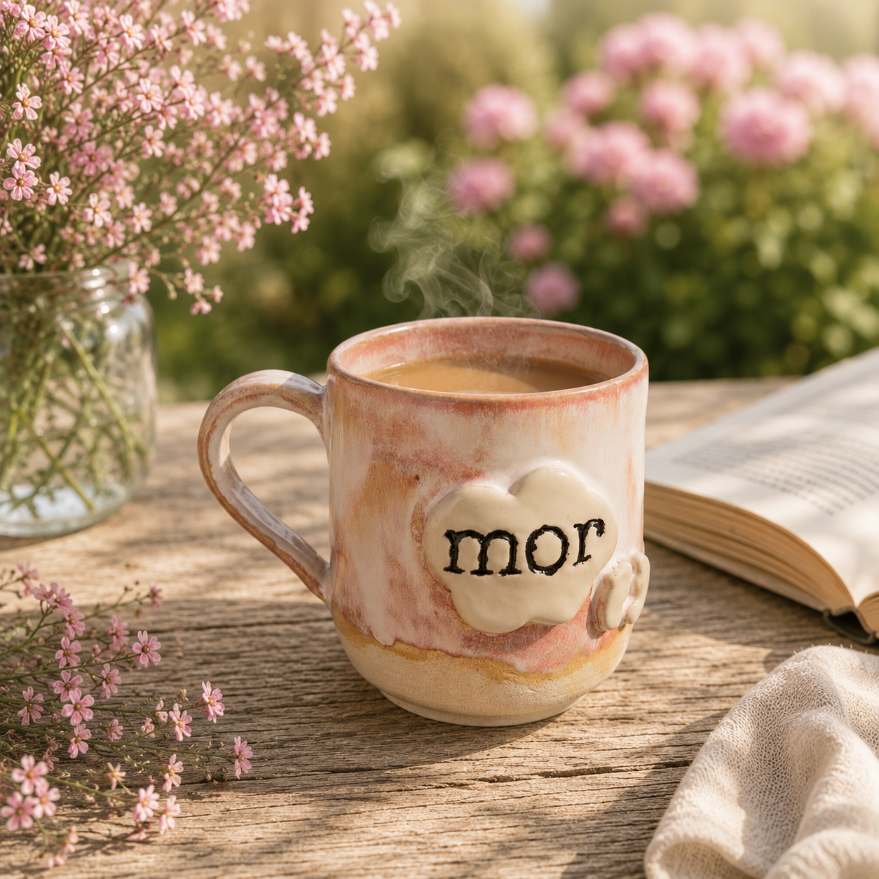 Personligt “mor” krus med bløde rosa glasurer og håndlavede detaljer.