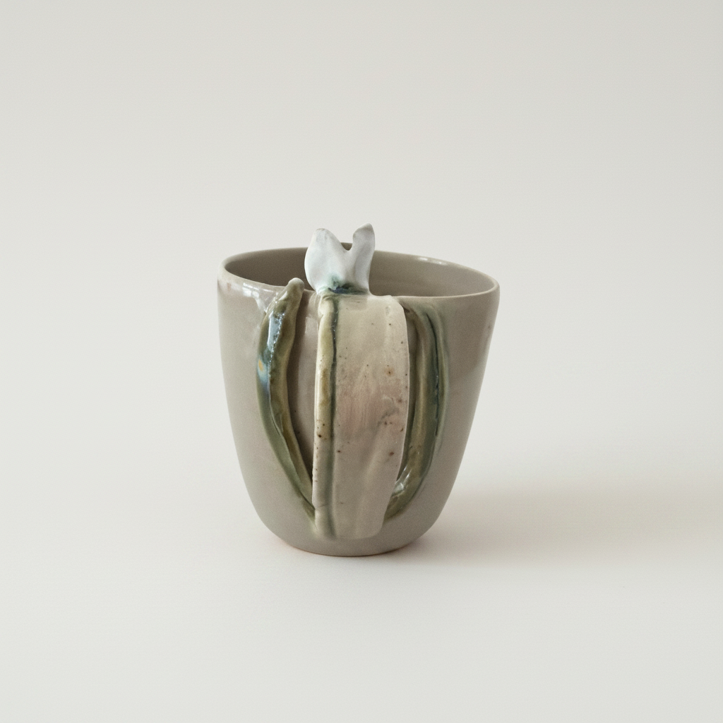 Porcelænskrus med kunstnerisk skulpturel dekoration omkring hanken og bløde naturlige farvenuancer.