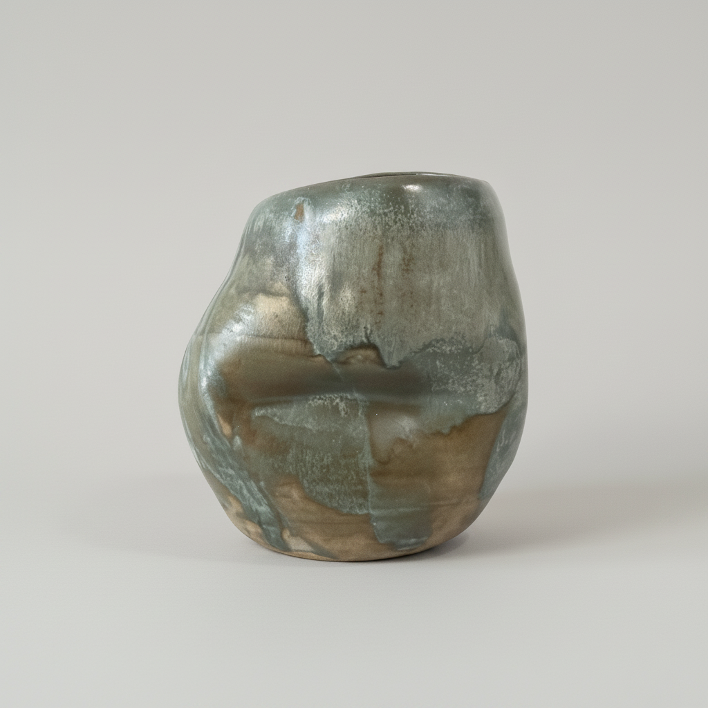 Rund keramisk vase med levende glasur og organiske former set forfra.