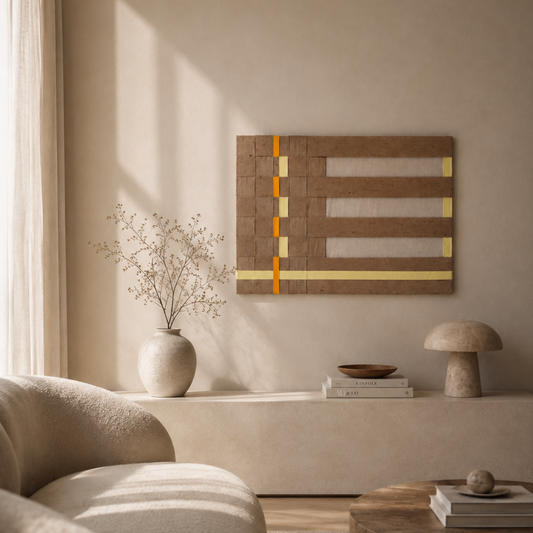 Brunt tekstilkunstværk fra Second Story Collection med grafiske bånd i gyldne og orange nuancer, ophængt i et lyst, minimalistisk skandinavisk hjem med varme naturmaterialer.