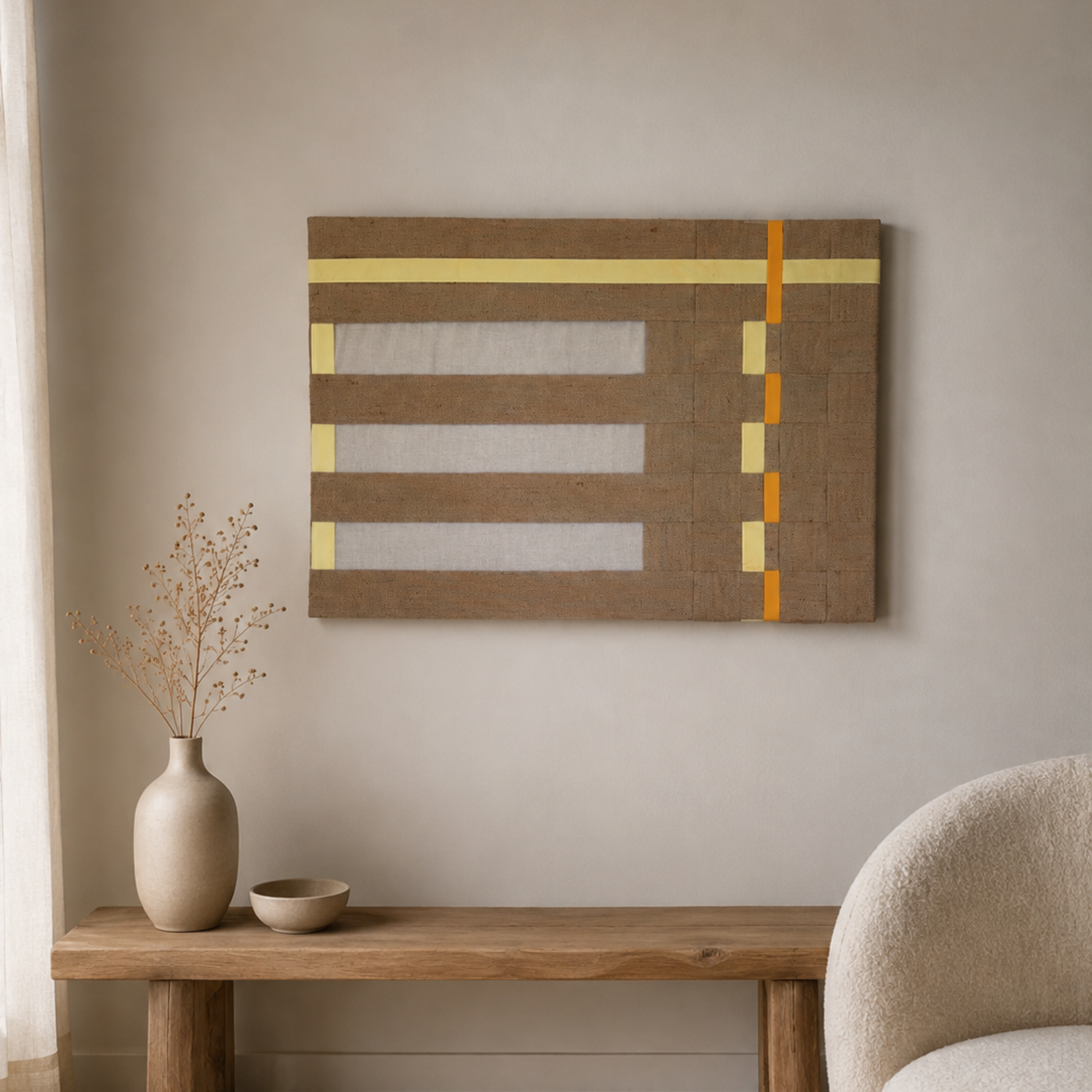 Second Story No. 01 er et håndlavet tekstilværk i varme brune nuancer med grafiske gyldne og orange detaljer, fremstillet af rest- og genbrugstekstiler. Værket er vist i en lys, minimalistisk skandinavisk indretning.