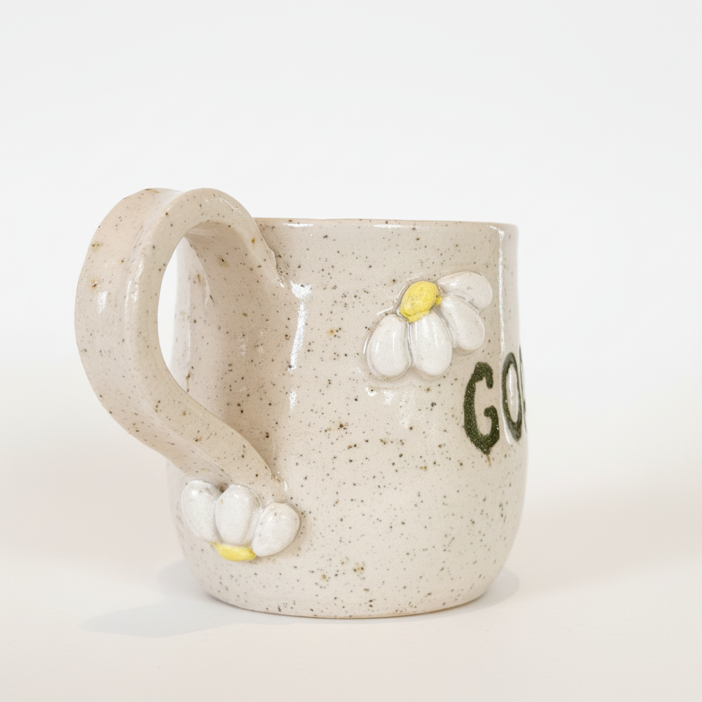 Sidevinkel af keramikkop med blomster på hanken og teksten “Good day”