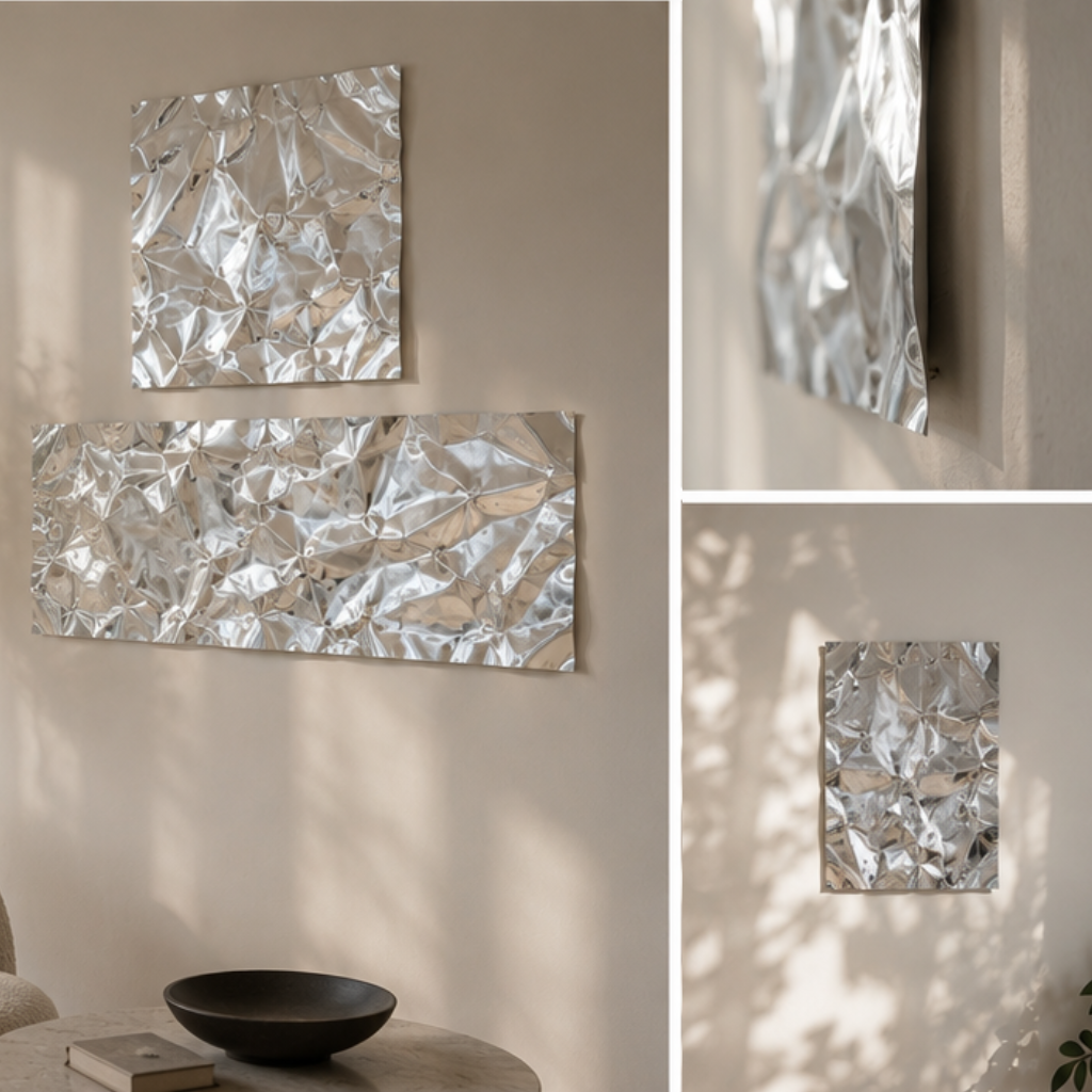 Skandinavisk vægkunst i metal med moderne refleksioner og minimalistisk design
