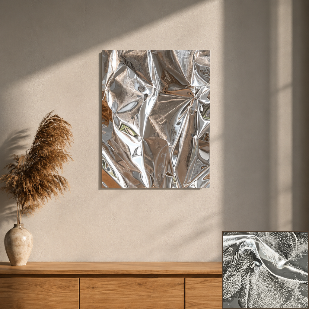 Skulpturel håndlavet aluminium vægkunst med levende refleksioner til moderne interiør
