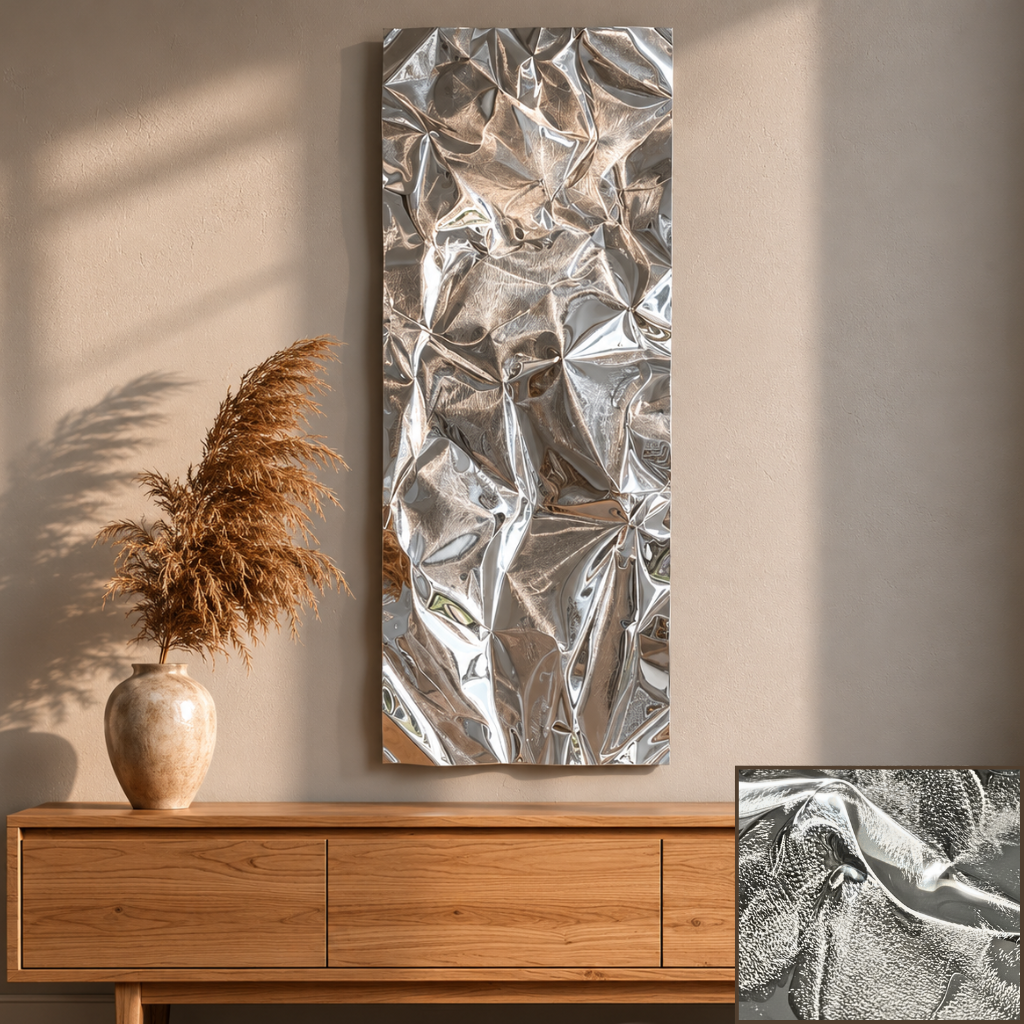 Skulpturel metal vægkunst til moderne stuer med levende refleksioner og elegant dybde
