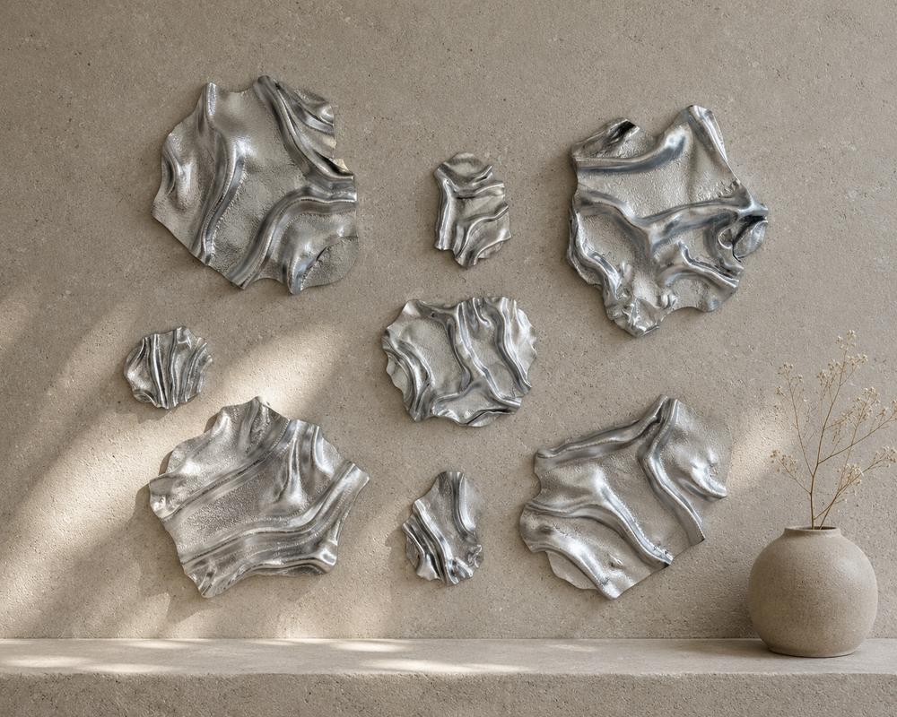 Kollektion af håndlavede skulpturelle vægværker i sølv med organiske former. Moderne vægkunst i forskellige størrelser fra 20–40 cm, der passer til en minimalistisk og skandinavisk indretning.

Hvis det i stedet er et andet billede, du tænker på, så send det endelig – så laver jeg en titel og alternativ tekst, der passer præcist til det.