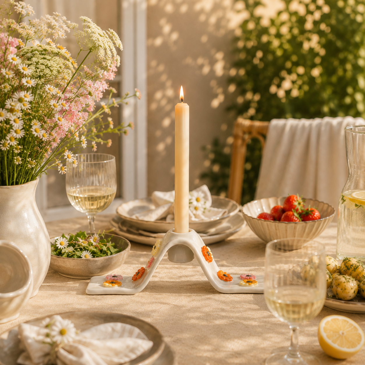 Sommerligt bord dækket i lys nordisk stil med håndlavet keramisk lysestage, friske blomster, citroner og jordbær i varmt aftensollys.