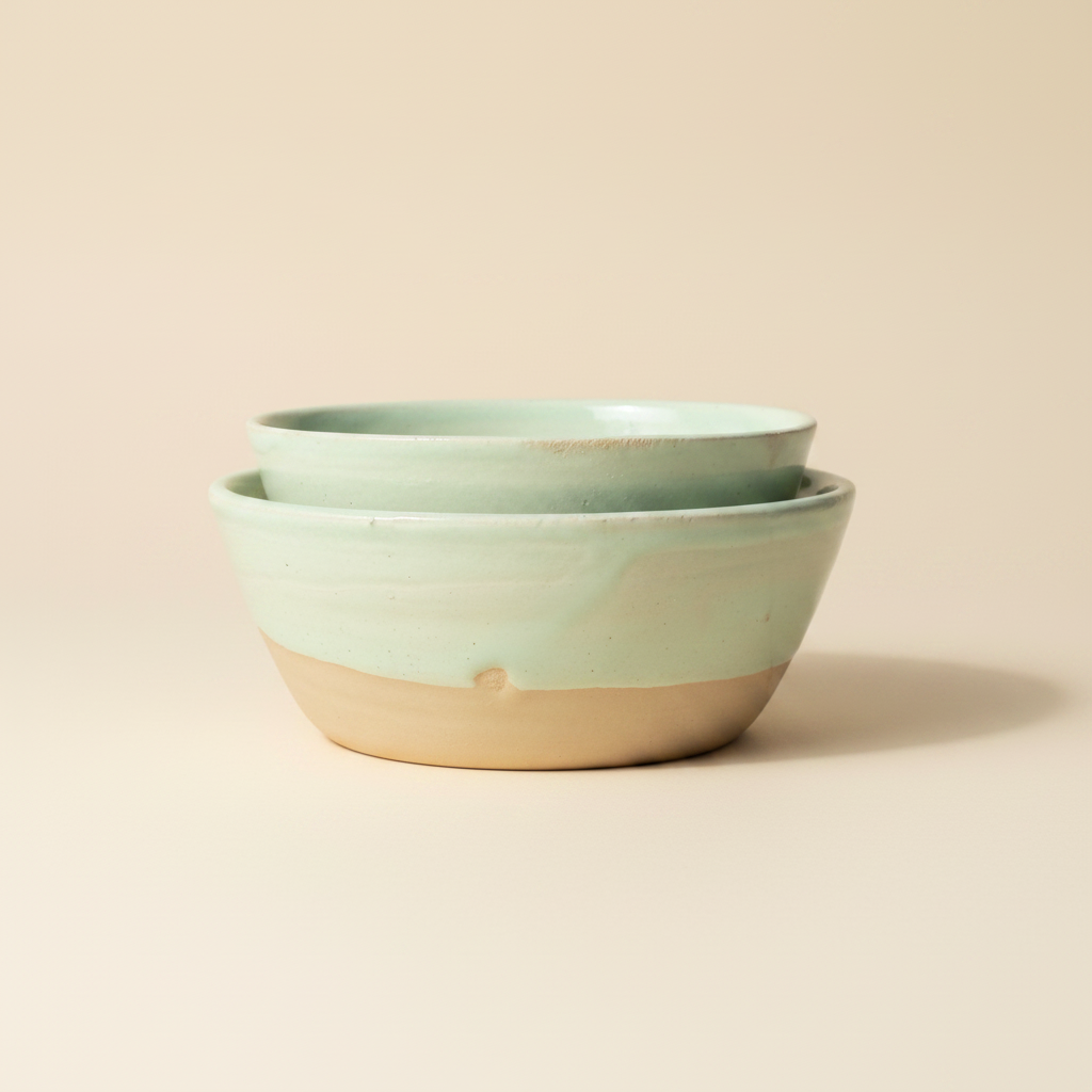 Stablede mintgrønne keramikskåle i minimalistisk studiostil.
