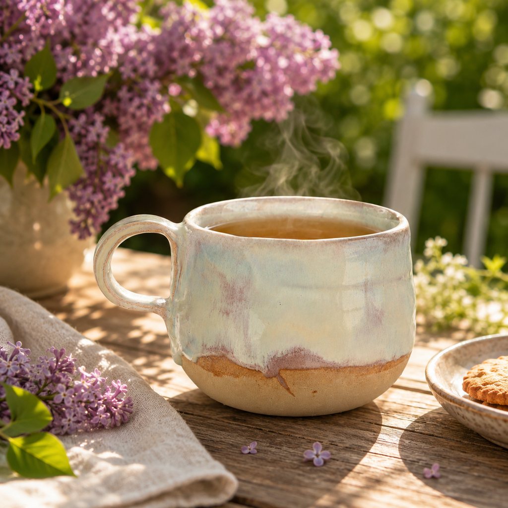 Stentøjskoppen skaber en varm og sanselig stemning til kaffe og te i morgensolen.