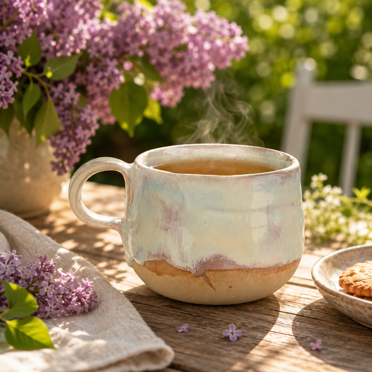 Stentøjskoppen skaber en varm og sanselig stemning til kaffe og te i morgensolen.