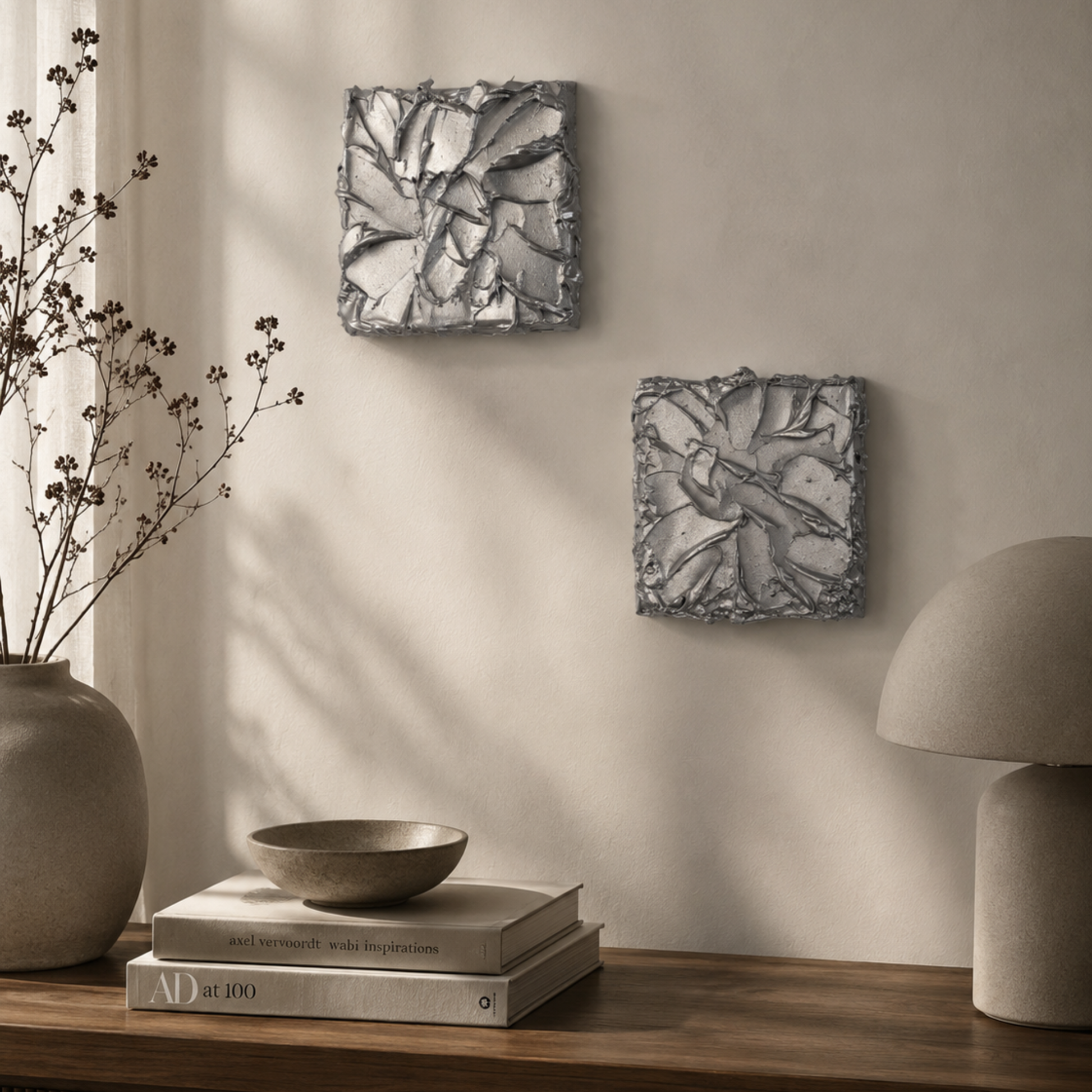 To originale håndmalede lærreder fra Canvas Collection med sølvfarvet tekstur og organiske penselstrøg. Silver Burst No. 02 & No. 03 sælges som et sæt og måler hver 20 × 20 cm.