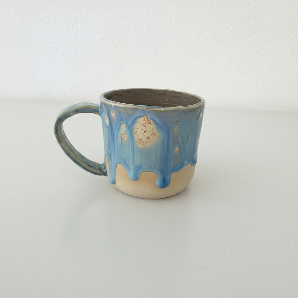 Unika keramikkop med levende lys blå løbeglasur og naturlig stentøjsbund i minimalistisk studiemiljø.