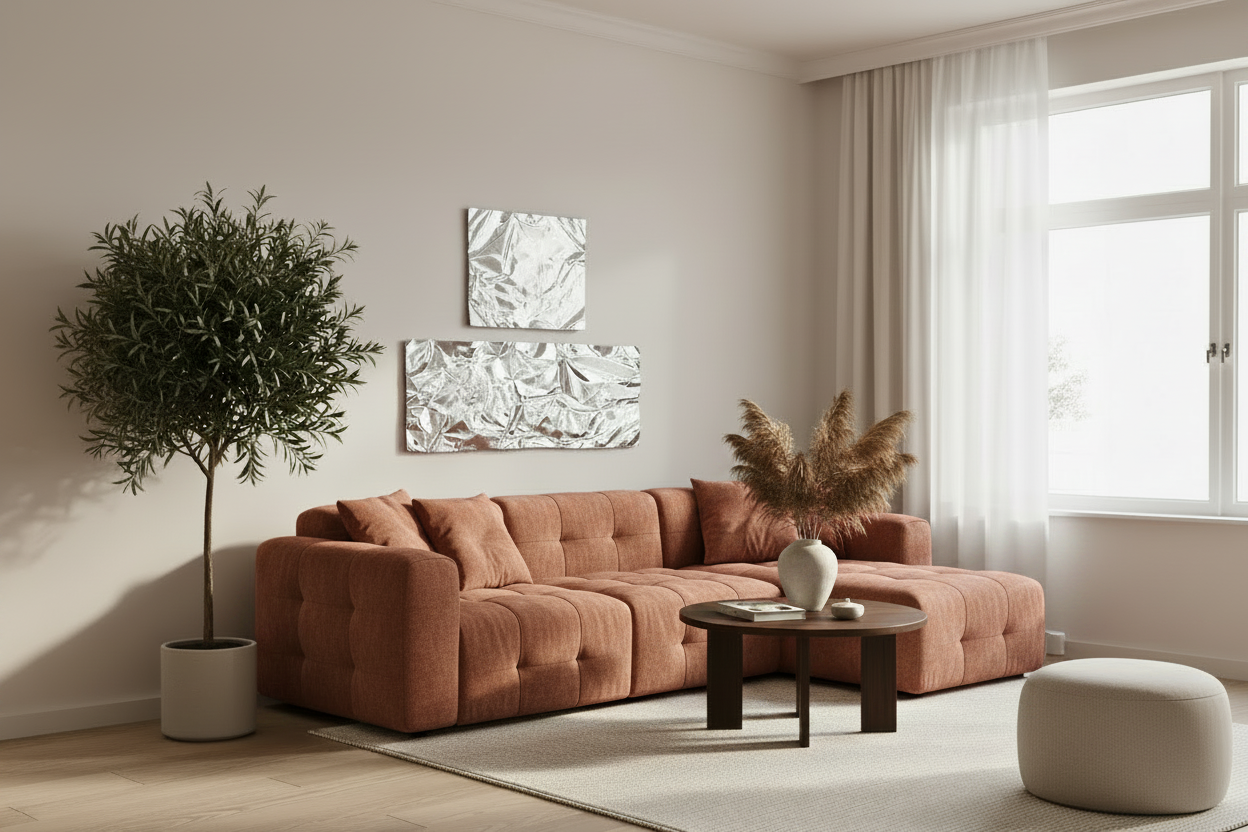 Aluminium wall art in terracotta living room